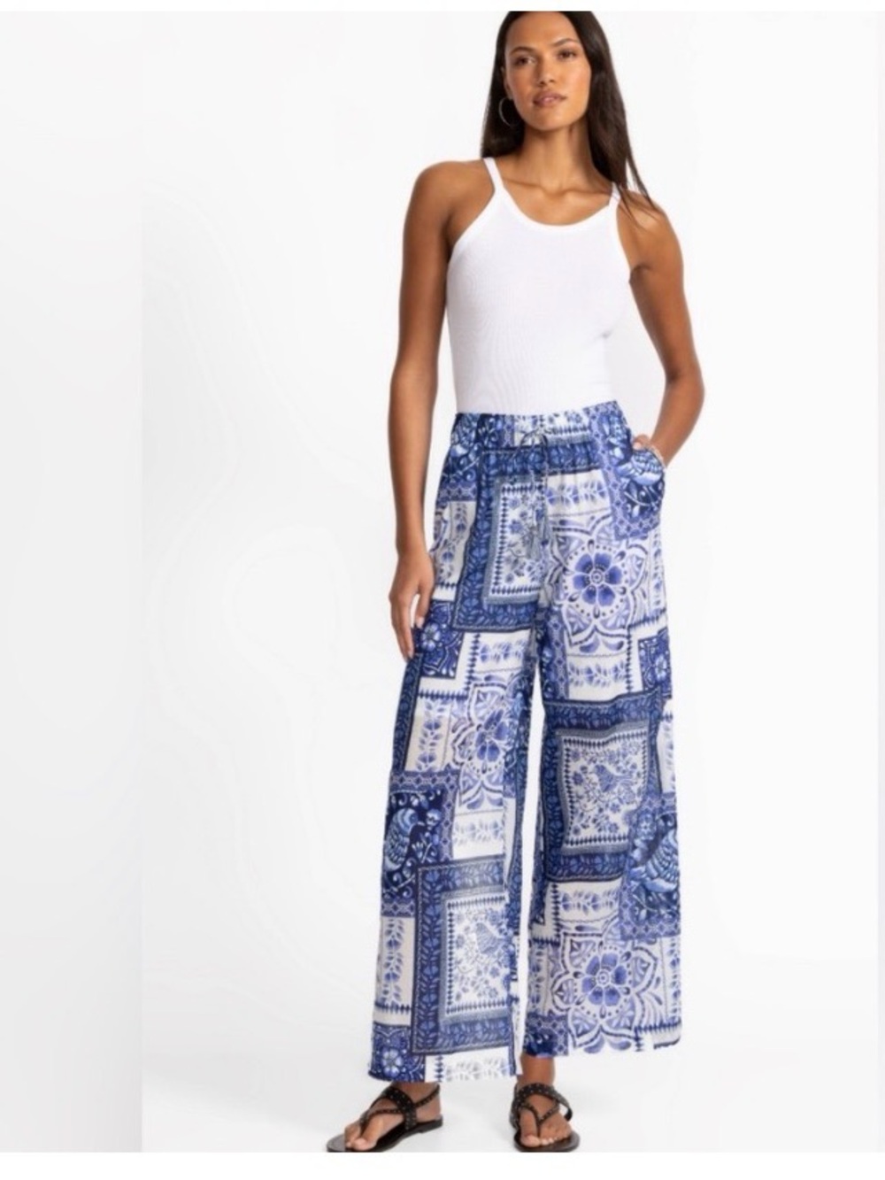 Women’s Blue/White Paisley Wide-Leg Pull-On Pants Elastic Waist Pockets, NWT XL